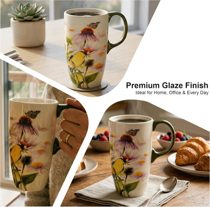 17oz Botanical Sunflower Ceramic Travel Mug with Handle, Gift Box | Splash-resistant lid • Comfortable grip • Smooth glazed finish • Easy cleaning • Microwave & Dishwasher Safe