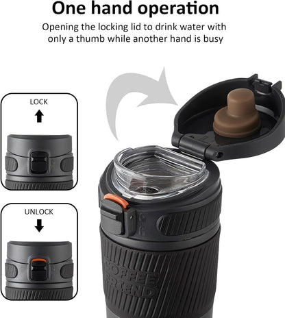 Coffee Travel Mug 15 oz Insulated Stainless Steel Cup with Flip Lid, Leak Proof Bottle for Tea & Drinks, Dishwasher Safe, Slate Grey