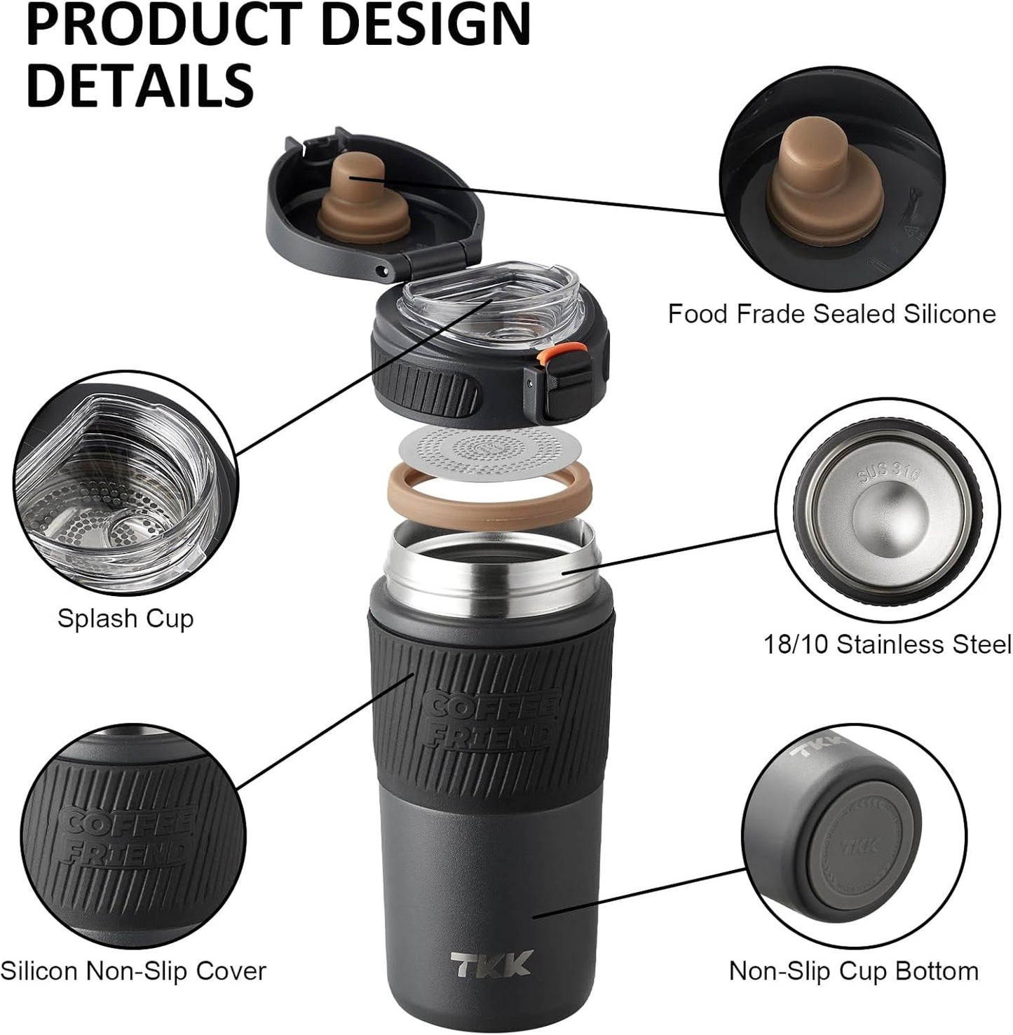 Coffee Travel Mug 15 oz Insulated Stainless Steel Cup with Flip Lid, Leak Proof Bottle for Tea & Drinks, Dishwasher Safe, Slate Grey
