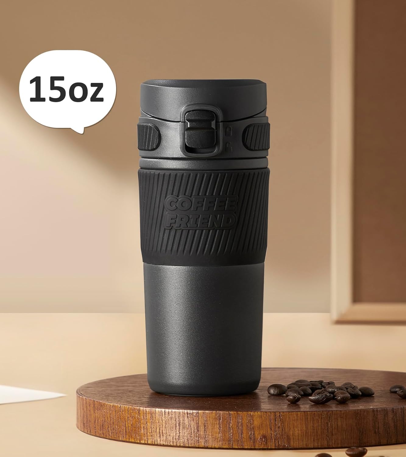 Coffee Travel Mug 15 oz Insulated Stainless Steel Cup with Flip Lid, Leak Proof Bottle for Tea & Drinks, Dishwasher Safe, Slate Grey