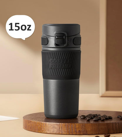 Coffee Travel Mug 15 oz Insulated Stainless Steel Cup with Flip Lid, Leak Proof Bottle for Tea & Drinks, Dishwasher Safe, Slate Grey