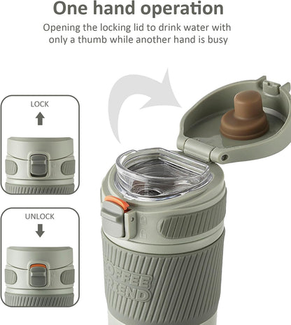 Coffee Travel Mug 15 oz Insulated Stainless Steel Cup with Flip Lid, Leak Proof Bottle for Tea & Drinks, Dishwasher Safe, Slate Grey