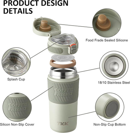 Coffee Travel Mug 15 oz Insulated Stainless Steel Cup with Flip Lid, Leak Proof Bottle for Tea & Drinks, Dishwasher Safe, Slate Grey