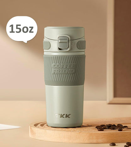 Coffee Travel Mug 15 oz Insulated Stainless Steel Cup with Flip Lid, Leak Proof Bottle for Tea & Drinks, Dishwasher Safe, Slate Grey