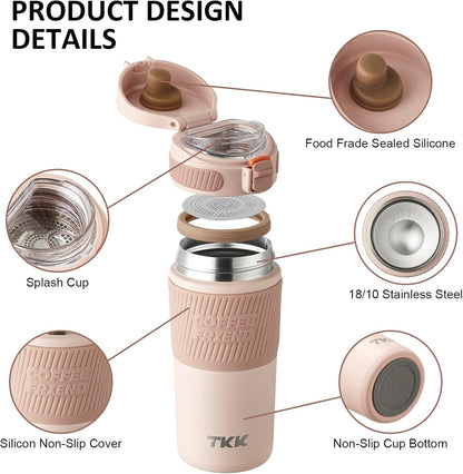 Coffee Travel Mug 15 oz Insulated Stainless Steel Cup with Flip Lid, Leak Proof Bottle for Tea & Drinks, Dishwasher Safe, Slate Grey