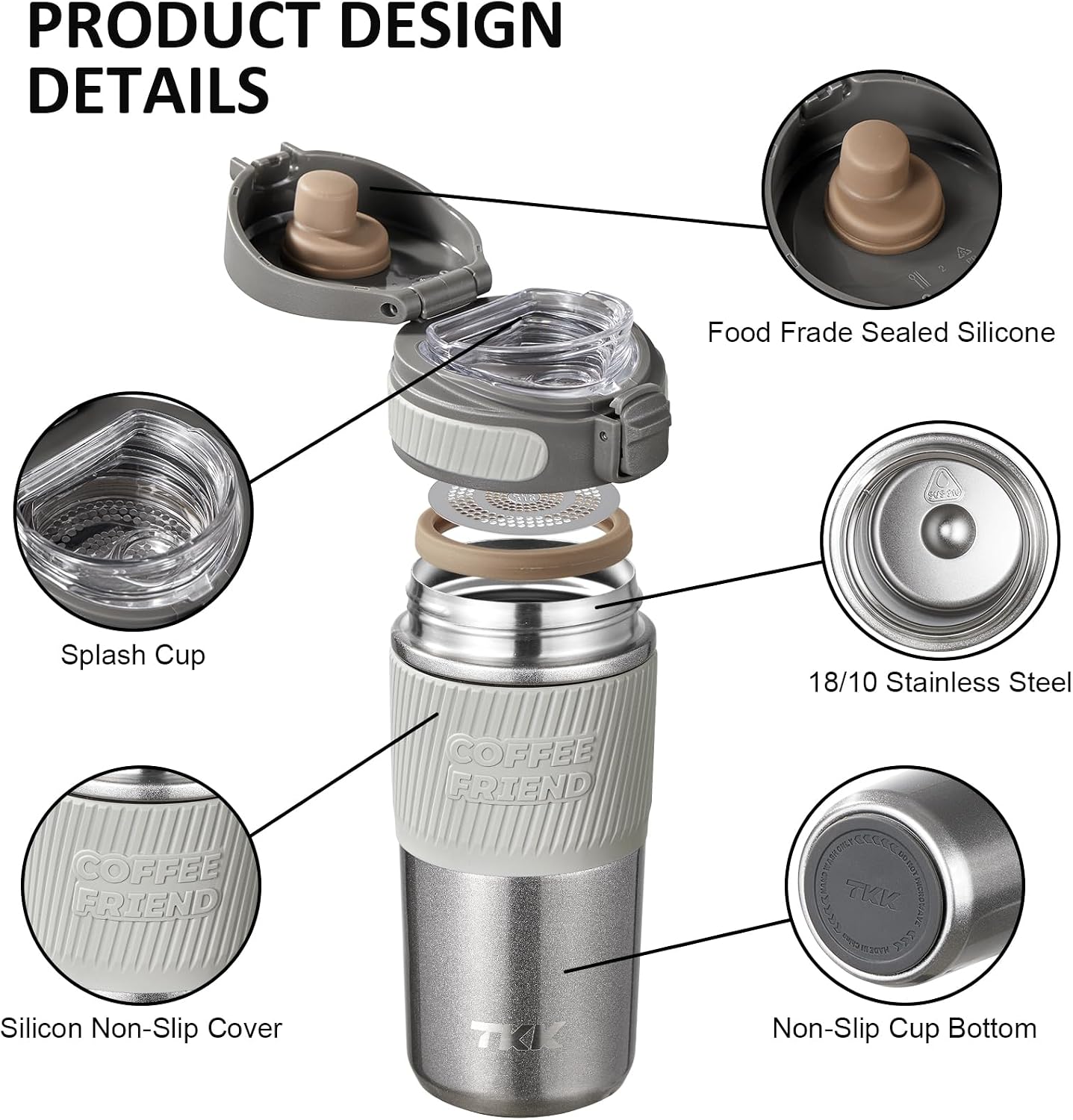 Coffee Travel Mug 15 oz Insulated Stainless Steel Cup with Flip Lid, Leak Proof Bottle for Tea & Drinks, Dishwasher Safe, Slate Grey