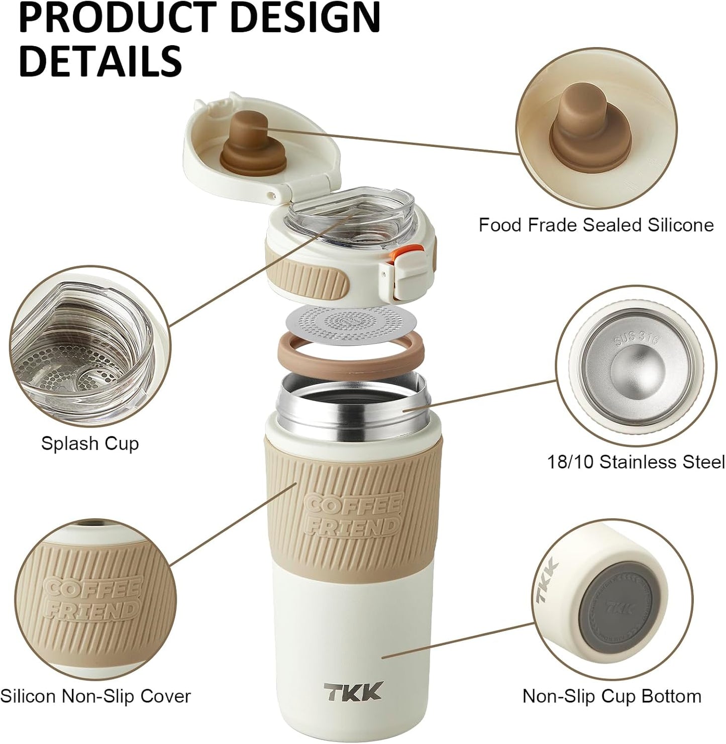 Coffee Travel Mug 15 oz Insulated Stainless Steel Cup with Flip Lid, Leak Proof Bottle for Tea & Drinks, Dishwasher Safe, Slate Grey