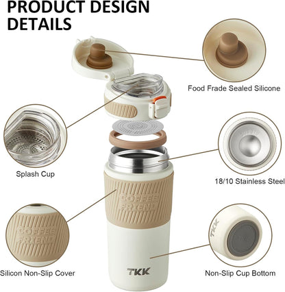 Coffee Travel Mug 15 oz Insulated Stainless Steel Cup with Flip Lid, Leak Proof Bottle for Tea & Drinks, Dishwasher Safe, Slate Grey