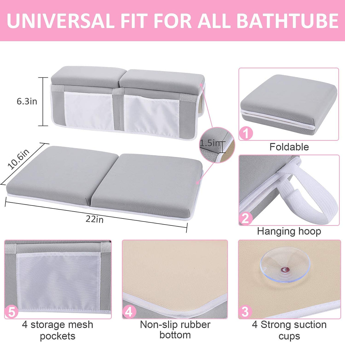 Baby Bath Kneeler & Elbow Rest pad Set for Bath Toys,Baby Bathtub – 1.5 inches Thick Cushion, Non-Slip, 4 Mesh Pockets, Baby Essentials knelling pad, Baby Bath mat