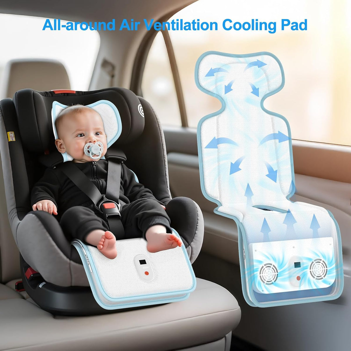 Baby Stroller Cooling Pad with 2 Built-in Blower Up to 10H MAX 10000 mAh Rechargeable 3 Speed Adjustable Car Seat Liner Cooling Cushion for Toddler Outdoors Summer Baby Essentials