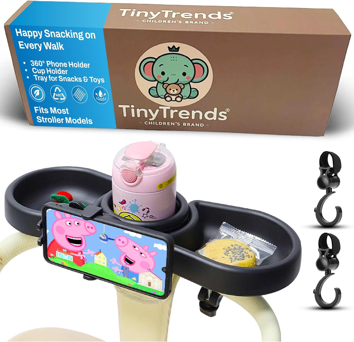 Make Strolls Easier – 4-in-1 Stroller Snack Tray with 360° Phone Holder, Cup Holder & Dual Compartments – Universal Fit (Uppababy, Chicco, Nuna) – BPA-Free – Bonus Hooks Included