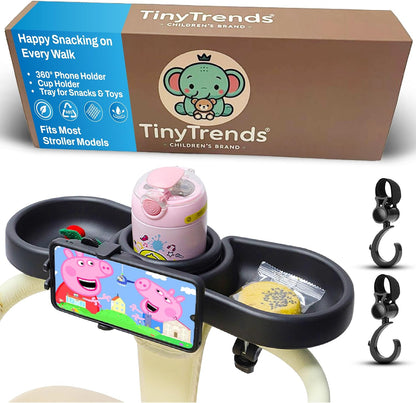 Make Strolls Easier – 4-in-1 Stroller Snack Tray with 360° Phone Holder, Cup Holder & Dual Compartments – Universal Fit (Uppababy, Chicco, Nuna) – BPA-Free – Bonus Hooks Included
