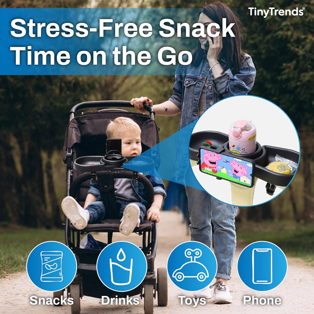 Make Strolls Easier – 4-in-1 Stroller Snack Tray with 360° Phone Holder, Cup Holder & Dual Compartments – Universal Fit (Uppababy, Chicco, Nuna) – BPA-Free – Bonus Hooks Included