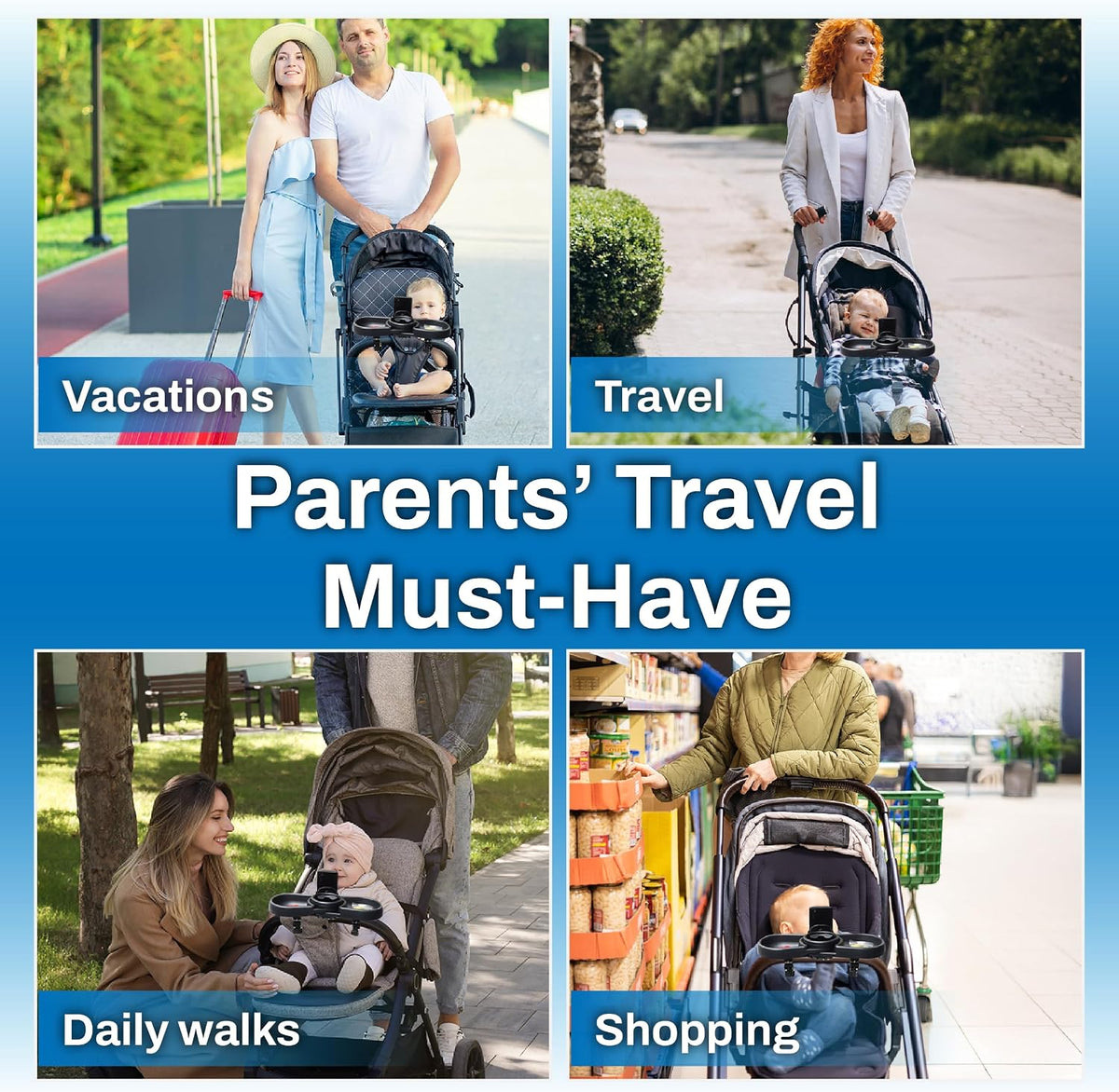 Make Strolls Easier – 4-in-1 Stroller Snack Tray with 360° Phone Holder, Cup Holder & Dual Compartments – Universal Fit (Uppababy, Chicco, Nuna) – BPA-Free – Bonus Hooks Included