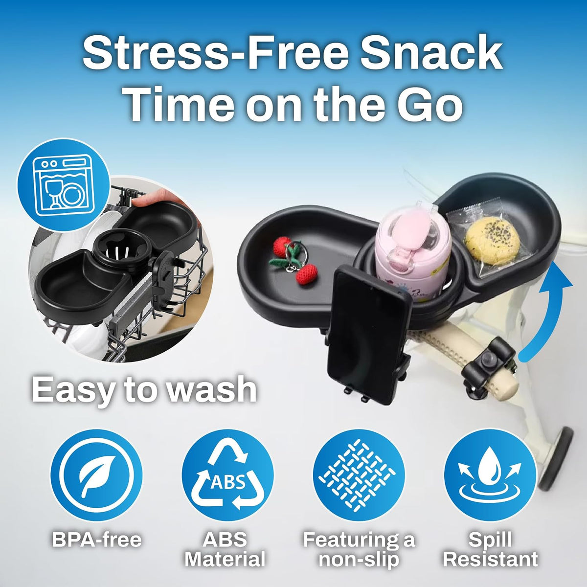 Make Strolls Easier – 4-in-1 Stroller Snack Tray with 360° Phone Holder, Cup Holder & Dual Compartments – Universal Fit (Uppababy, Chicco, Nuna) – BPA-Free – Bonus Hooks Included