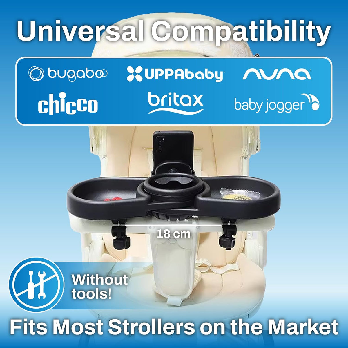 Make Strolls Easier – 4-in-1 Stroller Snack Tray with 360° Phone Holder, Cup Holder & Dual Compartments – Universal Fit (Uppababy, Chicco, Nuna) – BPA-Free – Bonus Hooks Included