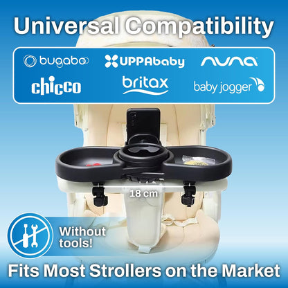 Make Strolls Easier – 4-in-1 Stroller Snack Tray with 360° Phone Holder, Cup Holder & Dual Compartments – Universal Fit (Uppababy, Chicco, Nuna) – BPA-Free – Bonus Hooks Included
