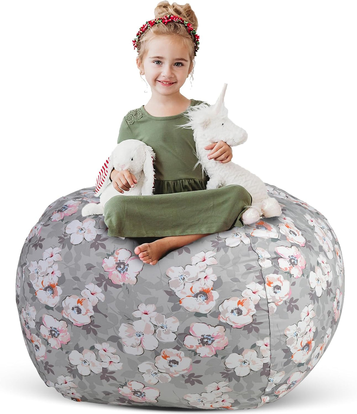 Stuff ’n Sit Extra Large 38’’ Bean Bag Storage Cover for Stuffed Animals & Toys, Giant Beanbag Chair for Kids Ages 3-14, Bedroom Organizer, Light Gray Corduroy