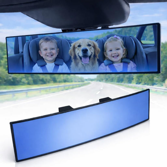 11.8" Clip On Rear View Mirror | Convex Blue Tint Glass, Panoramic Wide Angle HD Glass, Anti Glare, Universal Fit for Car, SUV, Truck | Eliminates Blind Spots (1 Pack)