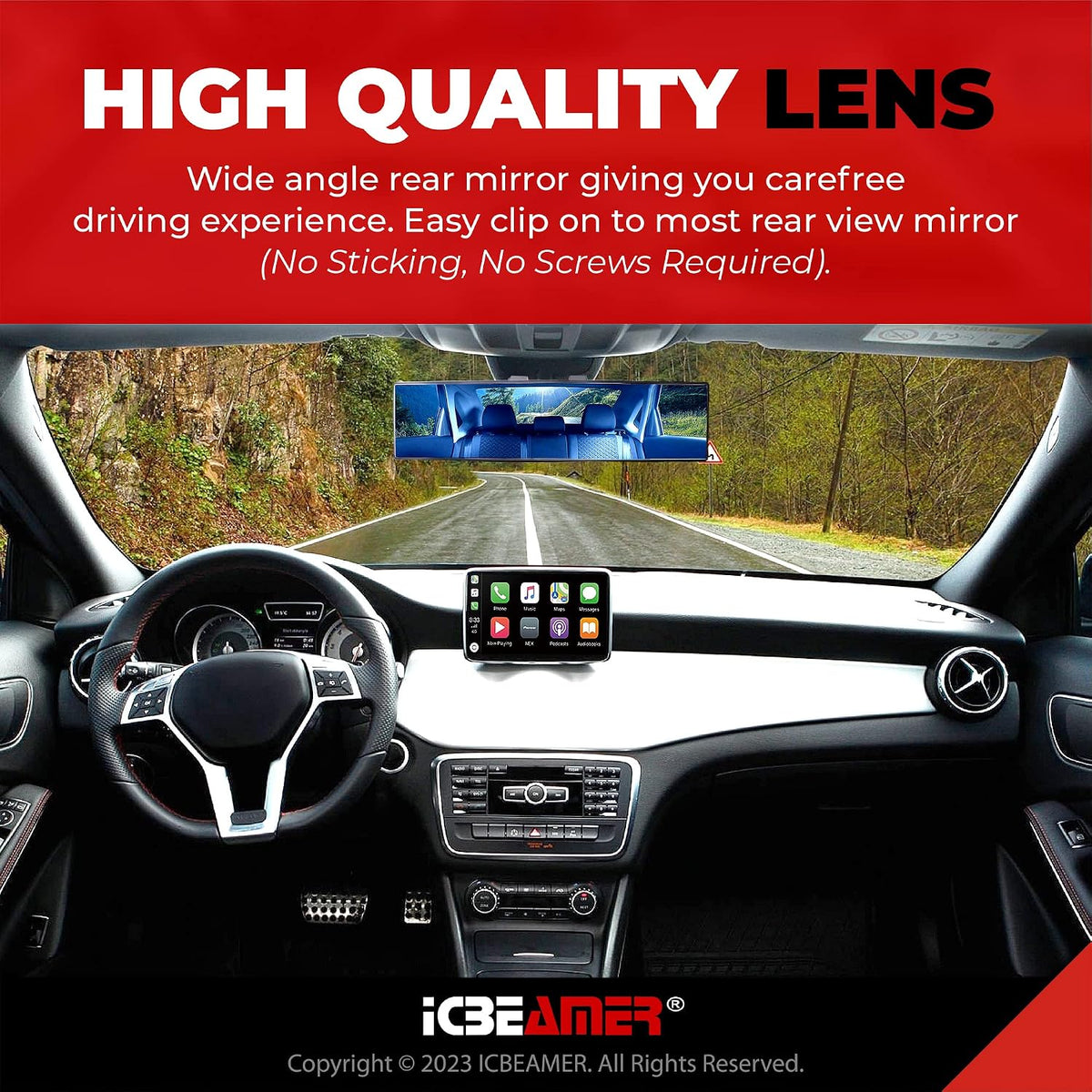 11.8" Clip On Rear View Mirror | Convex Blue Tint Glass, Panoramic Wide Angle HD Glass, Anti Glare, Universal Fit for Car, SUV, Truck | Eliminates Blind Spots (1 Pack)