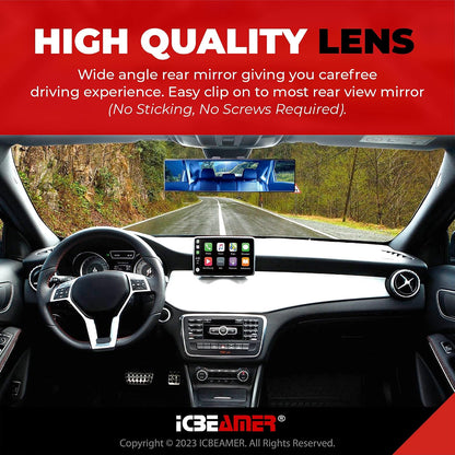 11.8" Clip On Rear View Mirror | Convex Blue Tint Glass, Panoramic Wide Angle HD Glass, Anti Glare, Universal Fit for Car, SUV, Truck | Eliminates Blind Spots (1 Pack)