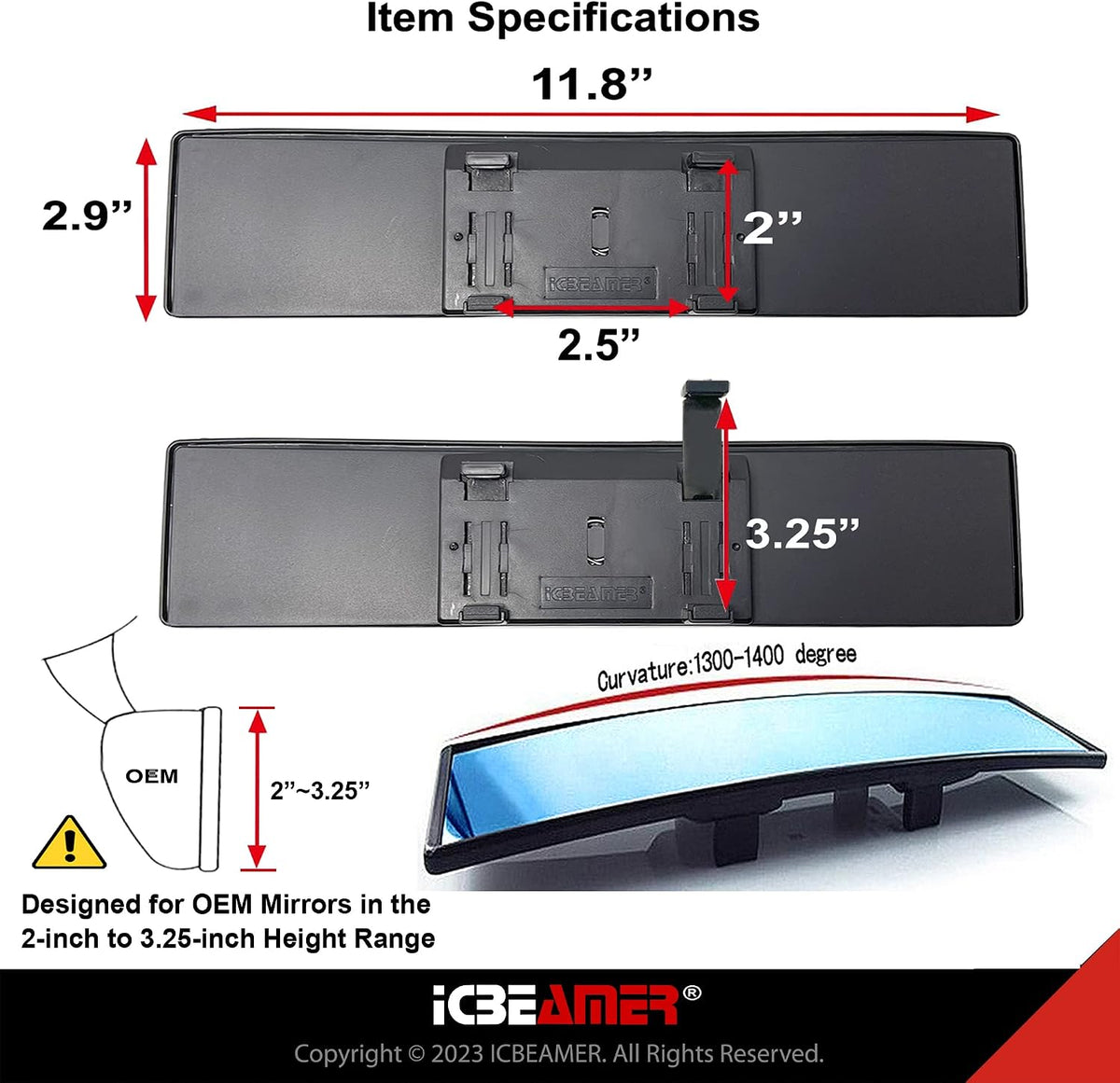 11.8" Clip On Rear View Mirror | Convex Blue Tint Glass, Panoramic Wide Angle HD Glass, Anti Glare, Universal Fit for Car, SUV, Truck | Eliminates Blind Spots (1 Pack)
