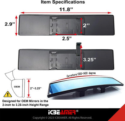 11.8" Clip On Rear View Mirror | Convex Blue Tint Glass, Panoramic Wide Angle HD Glass, Anti Glare, Universal Fit for Car, SUV, Truck | Eliminates Blind Spots (1 Pack)