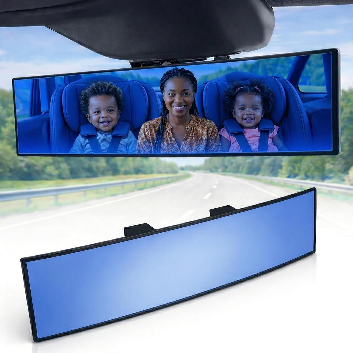 11.8" Clip On Rear View Mirror | Convex Blue Tint Glass, Panoramic Wide Angle HD Glass, Anti Glare, Universal Fit for Car, SUV, Truck | Eliminates Blind Spots (1 Pack)
