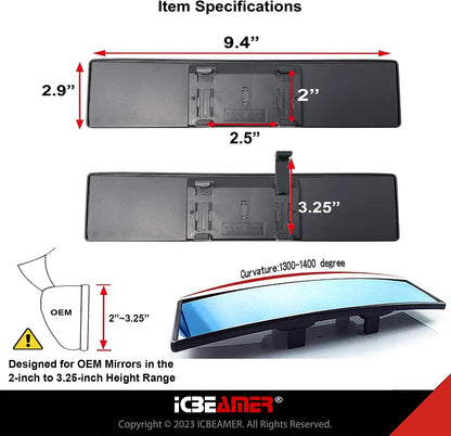 11.8" Clip On Rear View Mirror | Convex Blue Tint Glass, Panoramic Wide Angle HD Glass, Anti Glare, Universal Fit for Car, SUV, Truck | Eliminates Blind Spots (1 Pack)