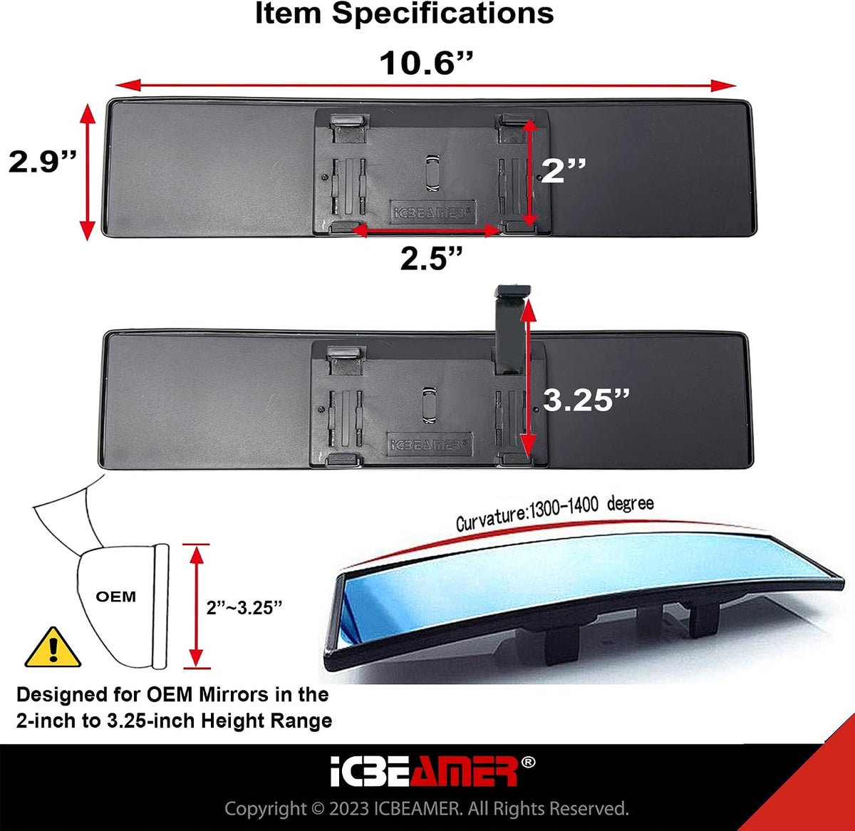 11.8" Clip On Rear View Mirror | Convex Blue Tint Glass, Panoramic Wide Angle HD Glass, Anti Glare, Universal Fit for Car, SUV, Truck | Eliminates Blind Spots (1 Pack)