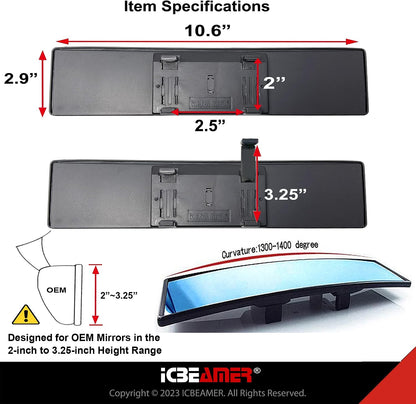 11.8" Clip On Rear View Mirror | Convex Blue Tint Glass, Panoramic Wide Angle HD Glass, Anti Glare, Universal Fit for Car, SUV, Truck | Eliminates Blind Spots (1 Pack)
