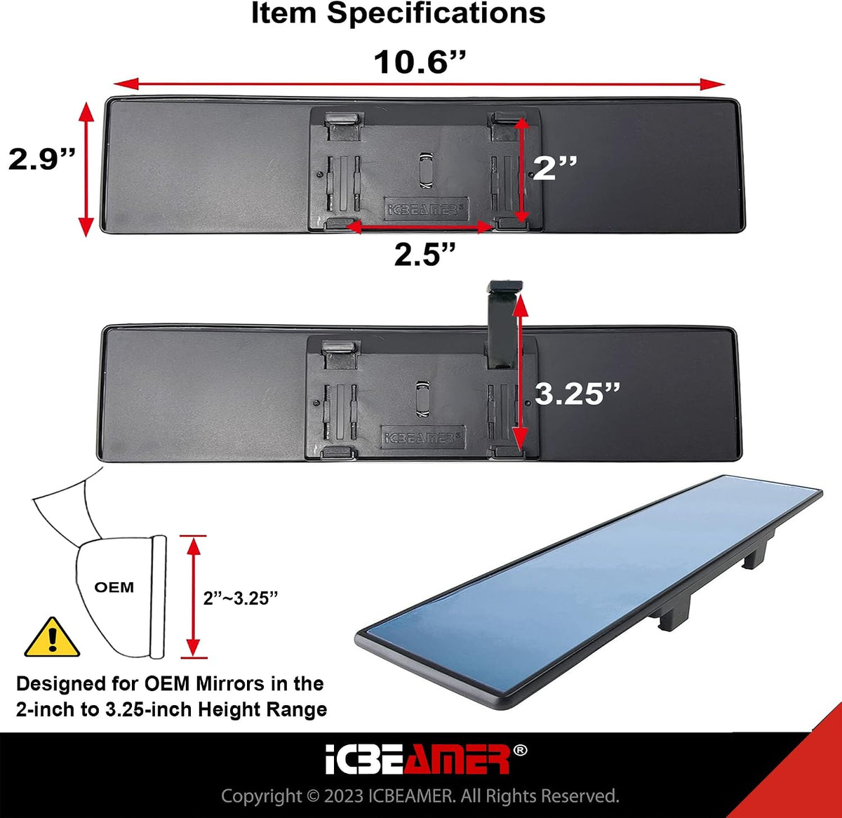 11.8" Clip On Rear View Mirror | Convex Blue Tint Glass, Panoramic Wide Angle HD Glass, Anti Glare, Universal Fit for Car, SUV, Truck | Eliminates Blind Spots (1 Pack)