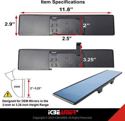 11.8" Clip On Rear View Mirror | Convex Blue Tint Glass, Panoramic Wide Angle HD Glass, Anti Glare, Universal Fit for Car, SUV, Truck | Eliminates Blind Spots (1 Pack)