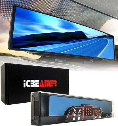 11.8" Clip On Rear View Mirror | Convex Blue Tint Glass, Panoramic Wide Angle HD Glass, Anti Glare, Universal Fit for Car, SUV, Truck | Eliminates Blind Spots (1 Pack)
