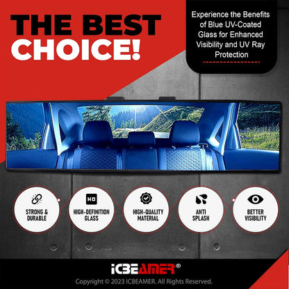 11.8" Clip On Rear View Mirror | Convex Blue Tint Glass, Panoramic Wide Angle HD Glass, Anti Glare, Universal Fit for Car, SUV, Truck | Eliminates Blind Spots (1 Pack)