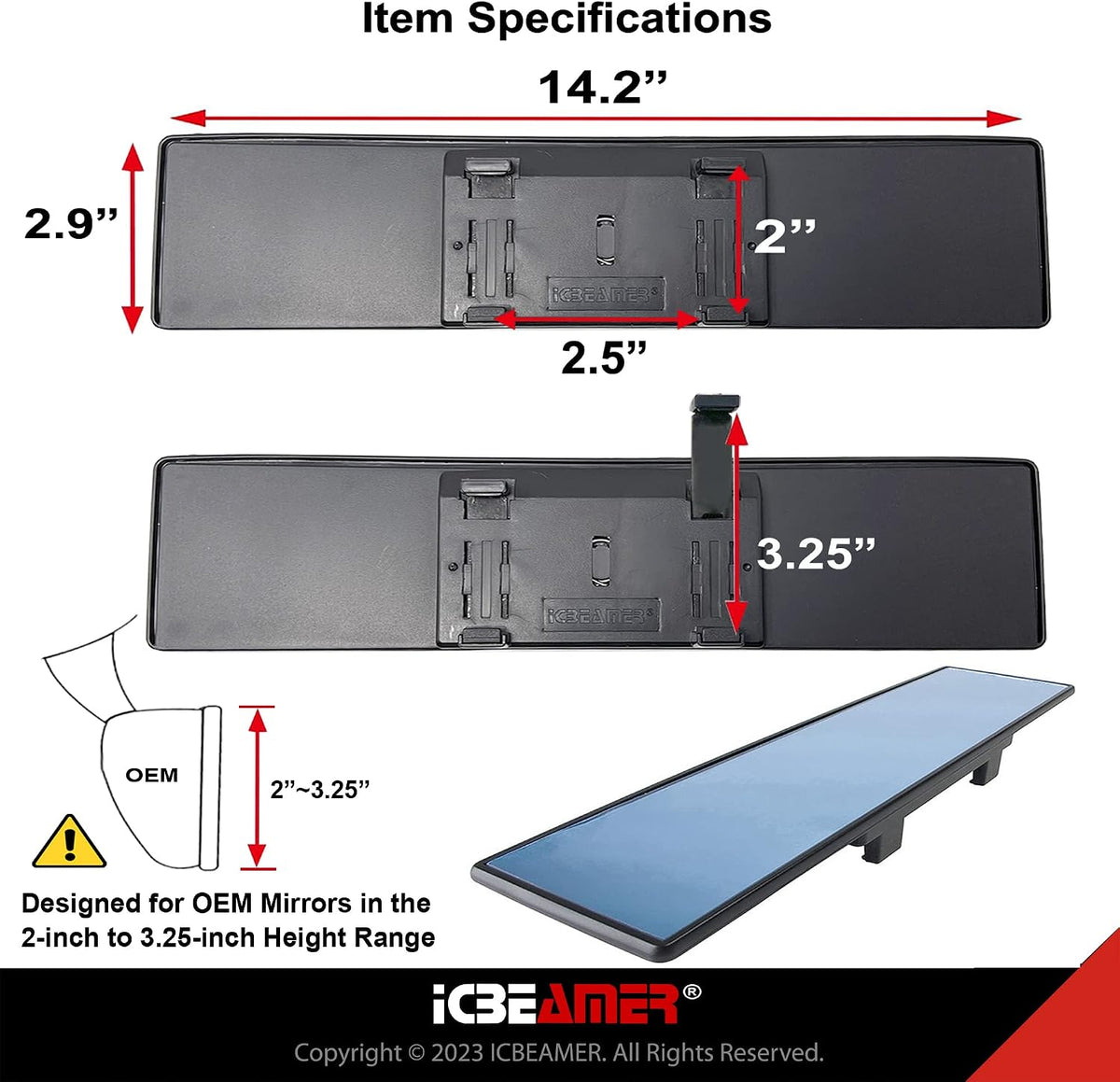 11.8" Clip On Rear View Mirror | Convex Blue Tint Glass, Panoramic Wide Angle HD Glass, Anti Glare, Universal Fit for Car, SUV, Truck | Eliminates Blind Spots (1 Pack)