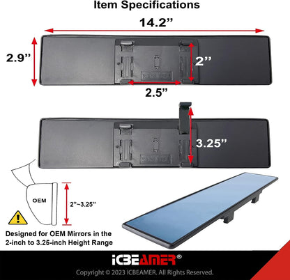 11.8" Clip On Rear View Mirror | Convex Blue Tint Glass, Panoramic Wide Angle HD Glass, Anti Glare, Universal Fit for Car, SUV, Truck | Eliminates Blind Spots (1 Pack)