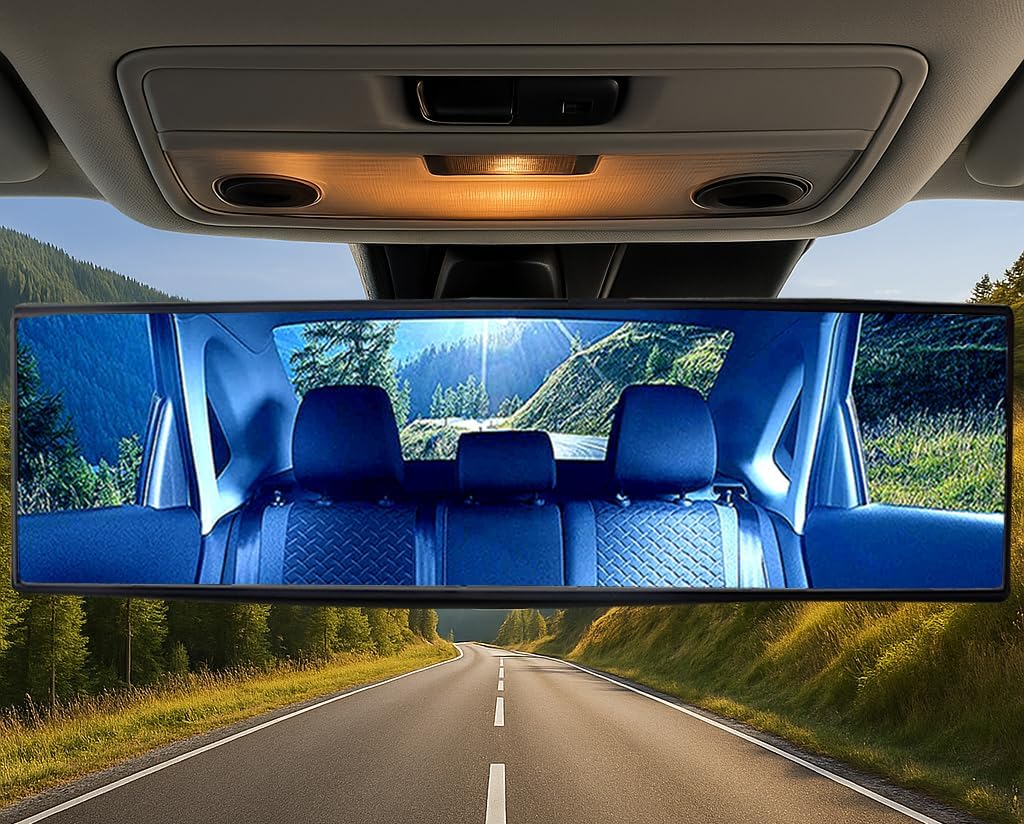 11.8" Clip On Rear View Mirror | Convex Blue Tint Glass, Panoramic Wide Angle HD Glass, Anti Glare, Universal Fit for Car, SUV, Truck | Eliminates Blind Spots (1 Pack)