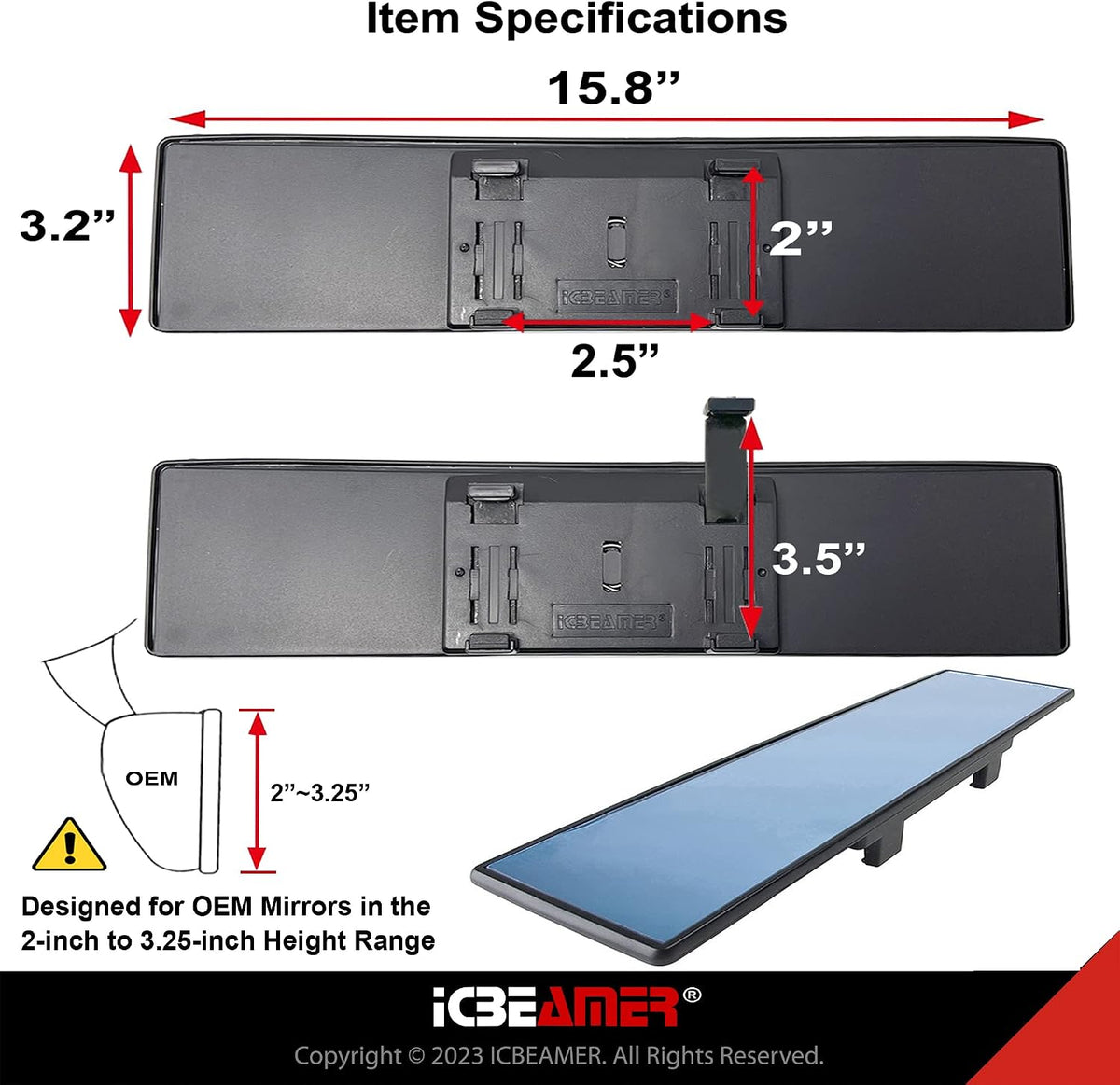 11.8" Clip On Rear View Mirror | Convex Blue Tint Glass, Panoramic Wide Angle HD Glass, Anti Glare, Universal Fit for Car, SUV, Truck | Eliminates Blind Spots (1 Pack)