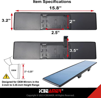 11.8" Clip On Rear View Mirror | Convex Blue Tint Glass, Panoramic Wide Angle HD Glass, Anti Glare, Universal Fit for Car, SUV, Truck | Eliminates Blind Spots (1 Pack)
