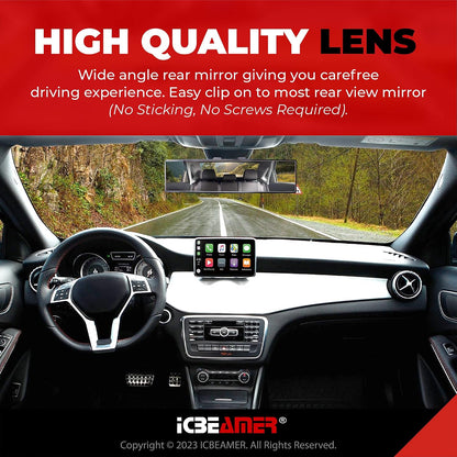 11.8" Clip On Rear View Mirror | Convex Blue Tint Glass, Panoramic Wide Angle HD Glass, Anti Glare, Universal Fit for Car, SUV, Truck | Eliminates Blind Spots (1 Pack)