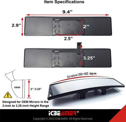 11.8" Clip On Rear View Mirror | Convex Blue Tint Glass, Panoramic Wide Angle HD Glass, Anti Glare, Universal Fit for Car, SUV, Truck | Eliminates Blind Spots (1 Pack)
