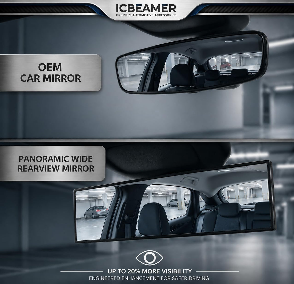 11.8" Clip On Rear View Mirror | Convex Blue Tint Glass, Panoramic Wide Angle HD Glass, Anti Glare, Universal Fit for Car, SUV, Truck | Eliminates Blind Spots (1 Pack)