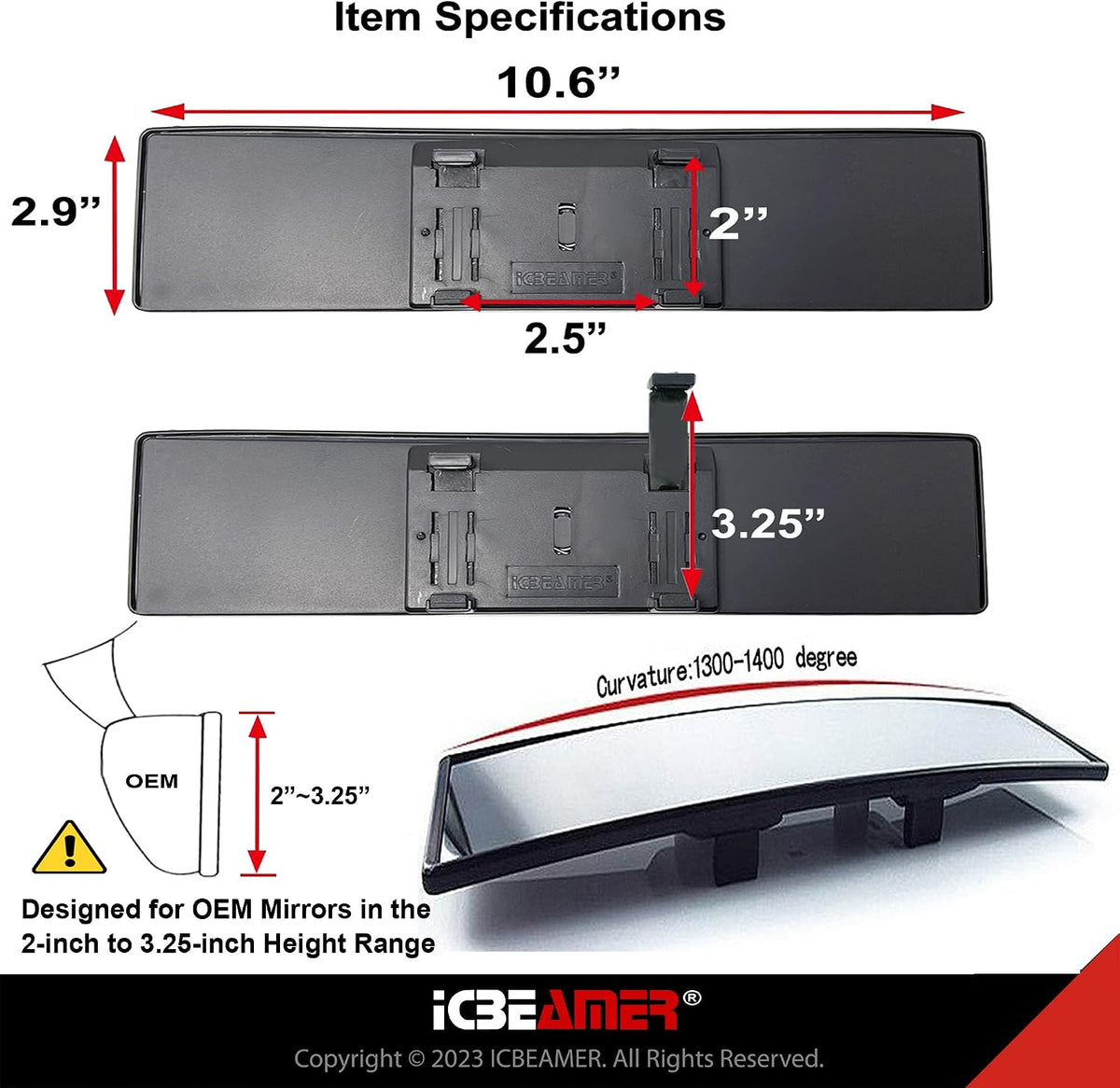 11.8" Clip On Rear View Mirror | Convex Blue Tint Glass, Panoramic Wide Angle HD Glass, Anti Glare, Universal Fit for Car, SUV, Truck | Eliminates Blind Spots (1 Pack)