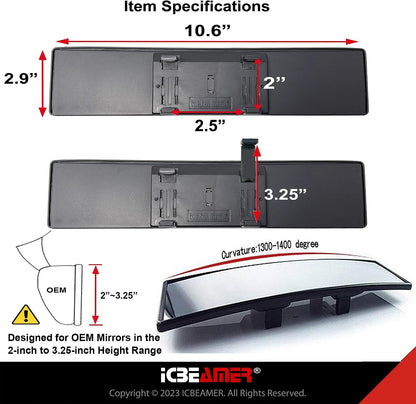 11.8" Clip On Rear View Mirror | Convex Blue Tint Glass, Panoramic Wide Angle HD Glass, Anti Glare, Universal Fit for Car, SUV, Truck | Eliminates Blind Spots (1 Pack)