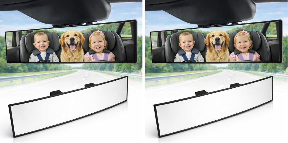 11.8" Clip On Rear View Mirror | Convex Blue Tint Glass, Panoramic Wide Angle HD Glass, Anti Glare, Universal Fit for Car, SUV, Truck | Eliminates Blind Spots (1 Pack)