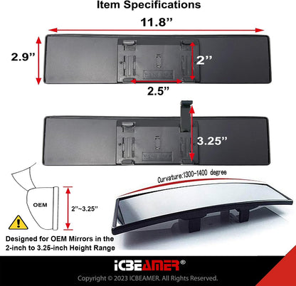 11.8" Clip On Rear View Mirror | Convex Blue Tint Glass, Panoramic Wide Angle HD Glass, Anti Glare, Universal Fit for Car, SUV, Truck | Eliminates Blind Spots (1 Pack)