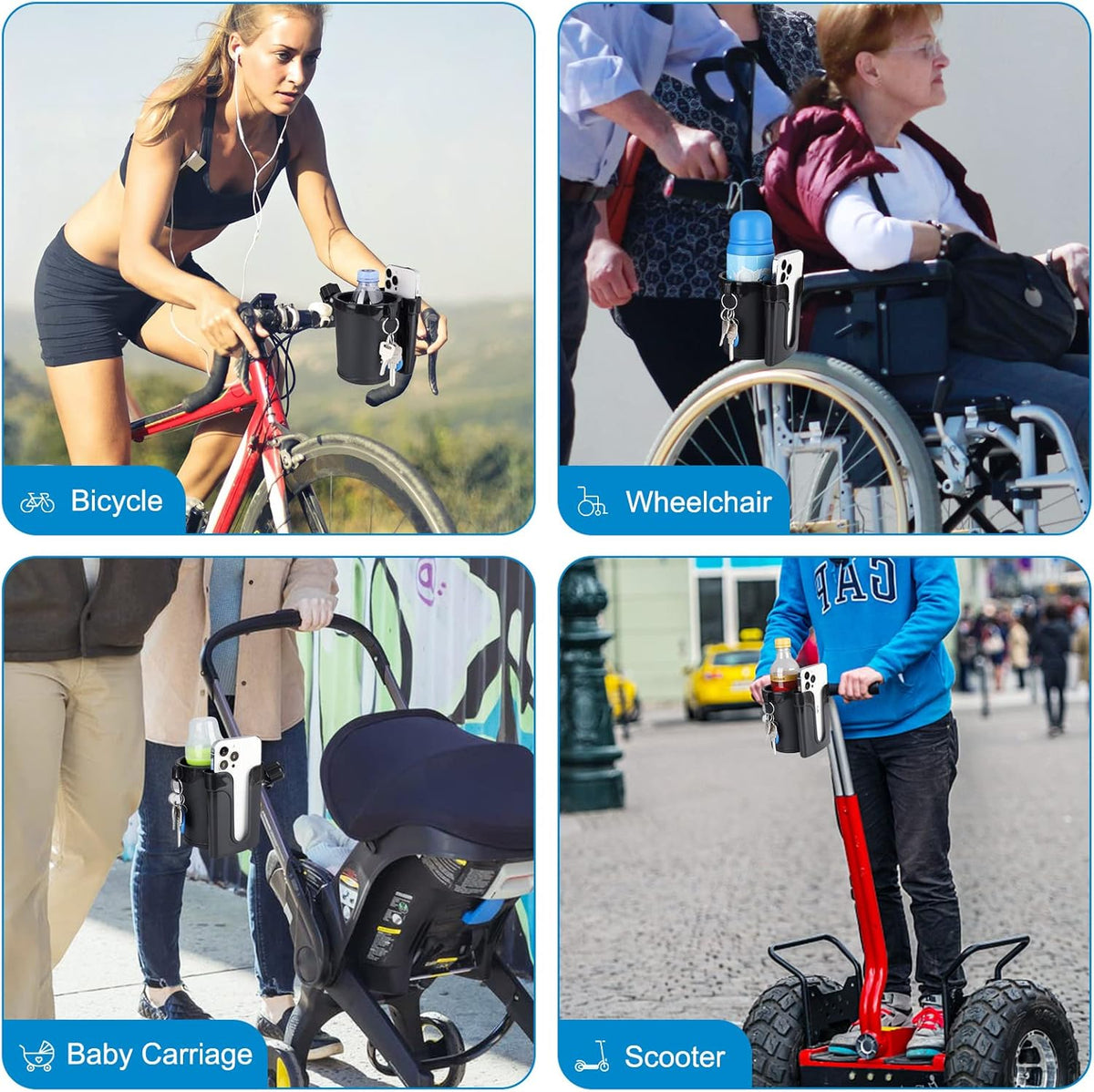 Stroller Cup Holder with Phone Keys Holder, 3-in-1 Universal Cup Holder, Drinks Bottle Holder for Stroller, Bike, Wheelchair, Walker, Scooter