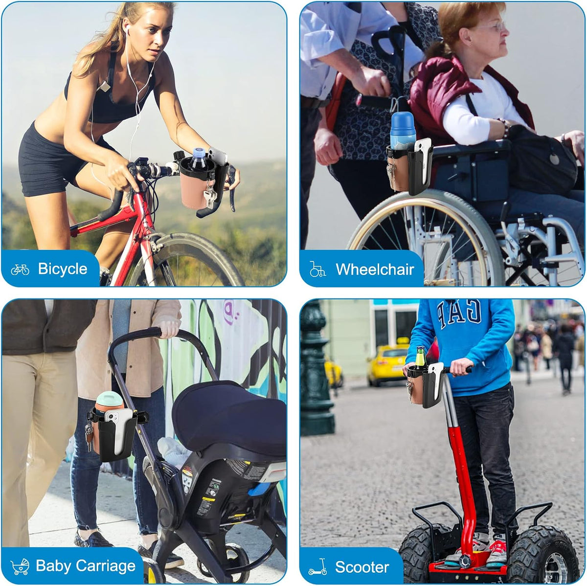 Stroller Cup Holder with Phone Keys Holder, 3-in-1 Universal Cup Holder, Drinks Bottle Holder for Stroller, Bike, Wheelchair, Walker, Scooter
