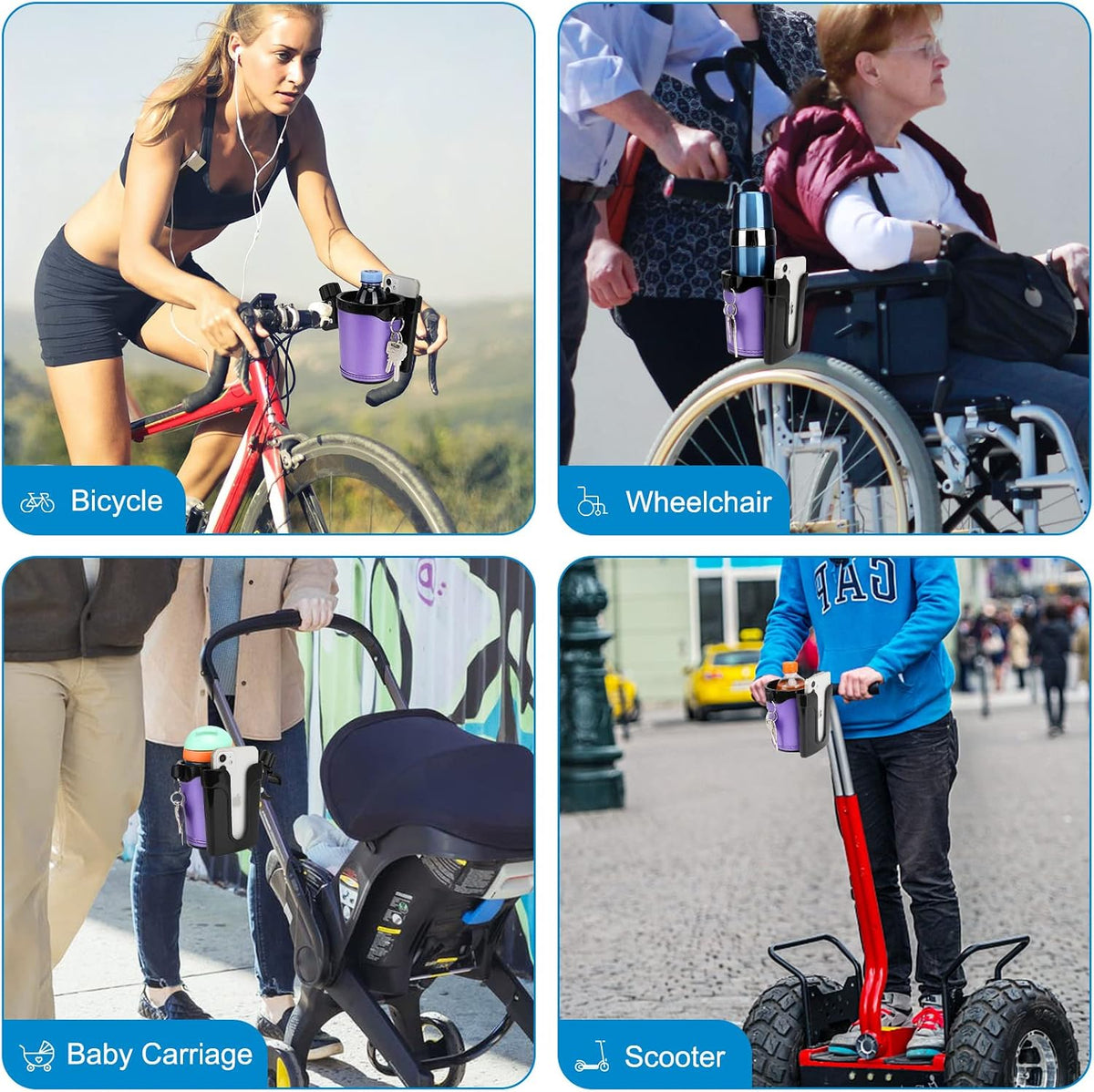 Stroller Cup Holder with Phone Keys Holder, 3-in-1 Universal Cup Holder, Drinks Bottle Holder for Stroller, Bike, Wheelchair, Walker, Scooter